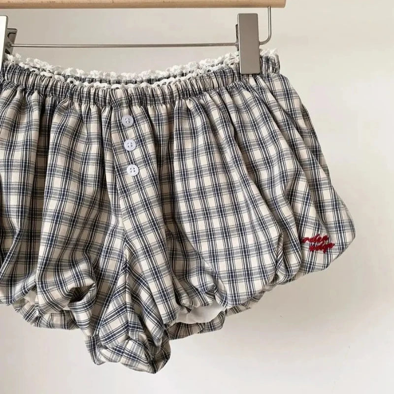 Women's Plaid Bubble Shorts Elastic Waist Bloomer Shorts Casual Short Pants Summer Streetwear шорты женские