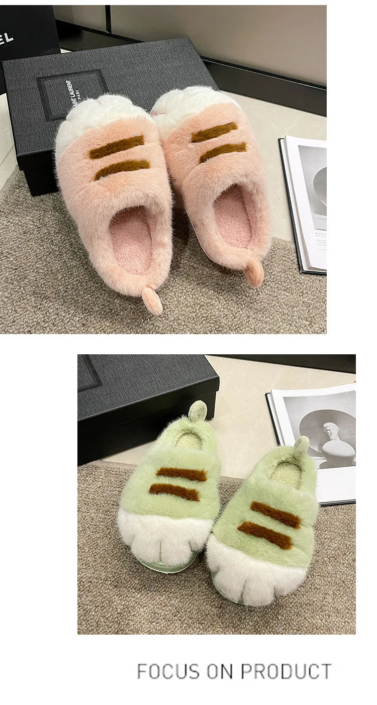 Newest cat paw feet slippers woman fluffy closed heel home shoes for women winter warm slip on animal claw slipper furry loafer