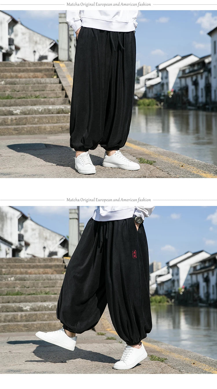 2024 Autumn Winter Men Polar Fleece Pants Men Velvet Retro Harem Pants Male Solid Color Wide Leg Pants Harajuku Jogging Trousers