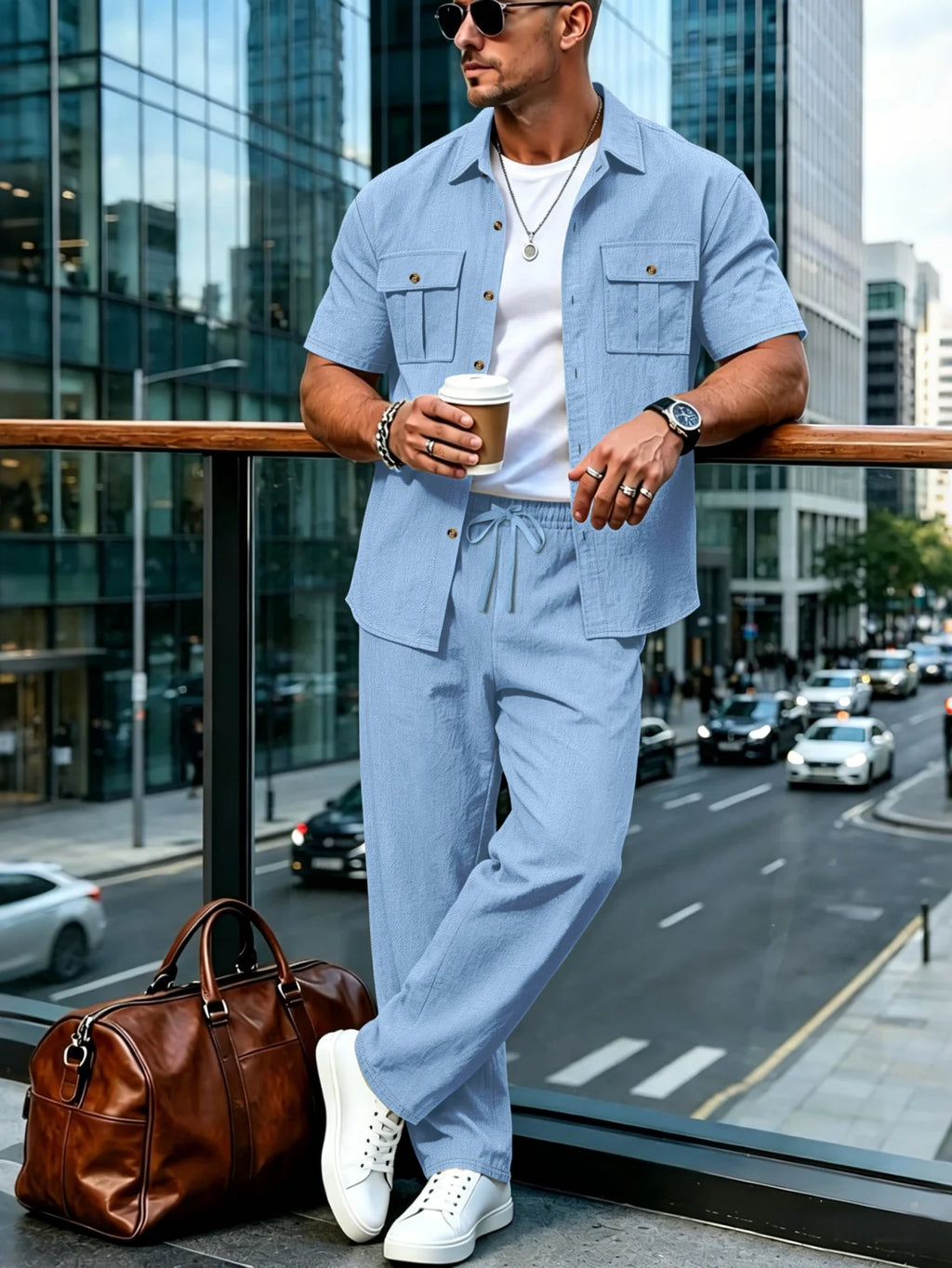Men's Cotton Linen Short Sleeve Shirt & Pants Set Turn-Down Collar Double Pocket Casual Streetwear