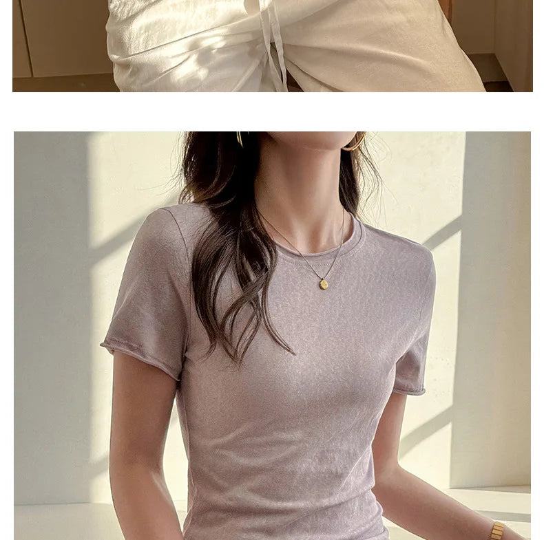 Solid Color Slim Fit Short Sleeve T Shirt for Women Summer New Cotton Blended Basic Tees Woman Thin Breathable Crew Neck T-shirt