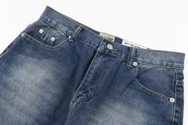American retro washed letter spliced denim trousers high street trendy brand couple loose straight micro-flared long trousers