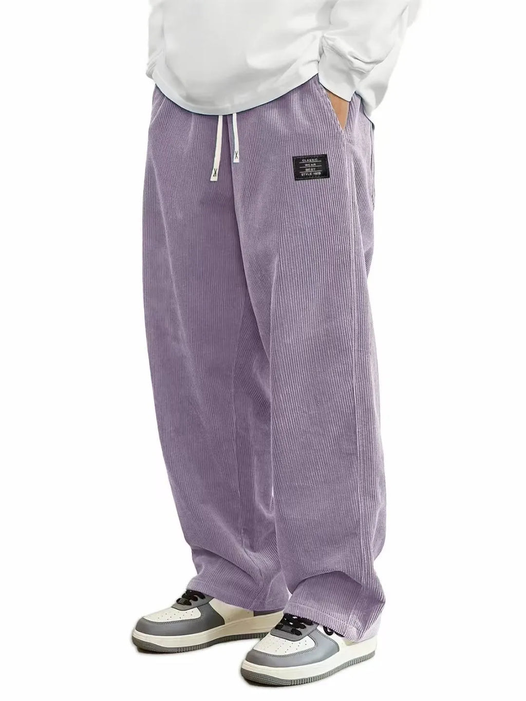 Men'S Corduroy Straight Leg Pants with Drawstring Waist,  Pockets, and Logo Design - Stretchy, Casual Fit for Everyday Wear