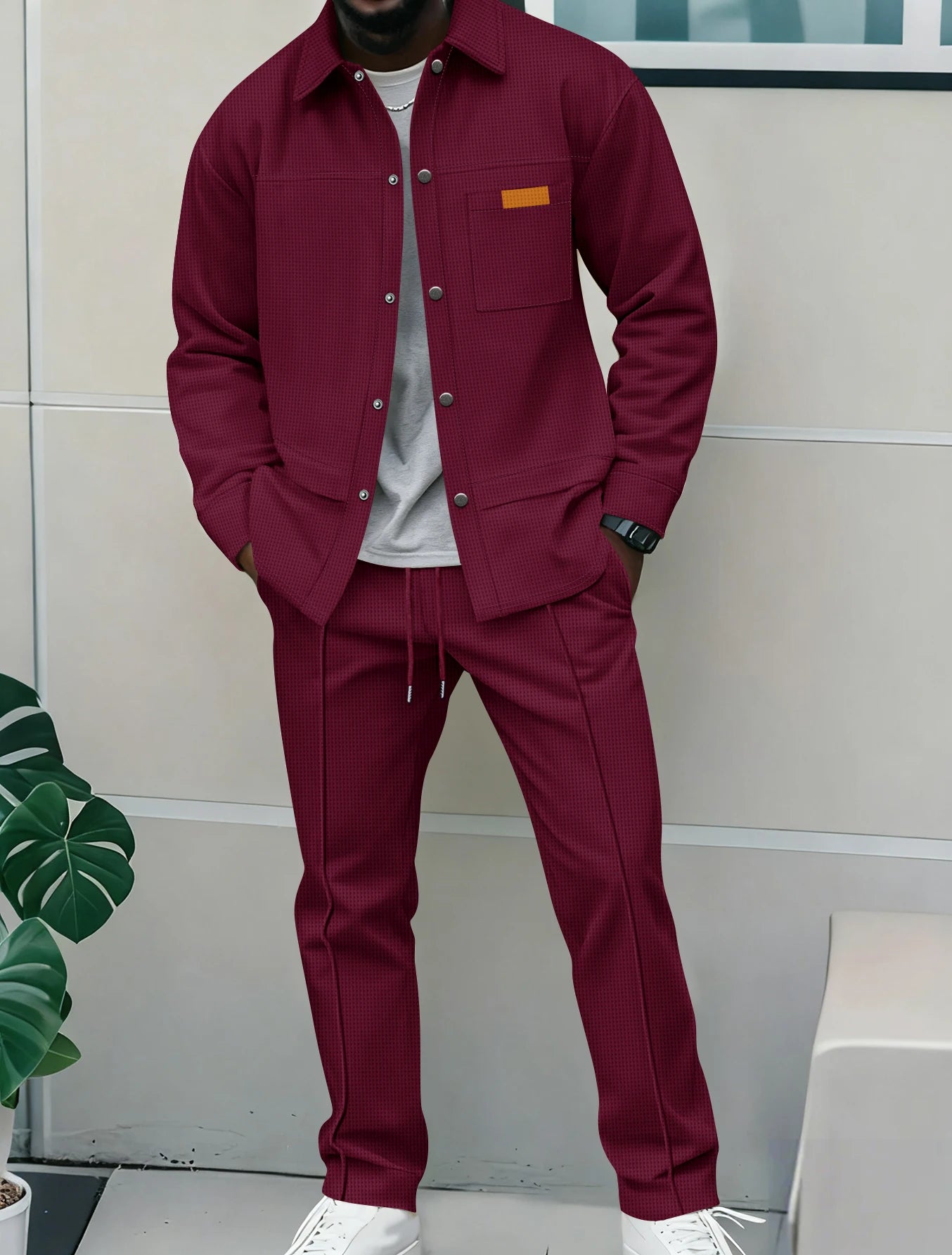 2026 New Men's Casual 2 Piece Tracksuit Fall Waffle Knit Solid Color Lapel Collar Button Jacket with Pockets Long Pants Set