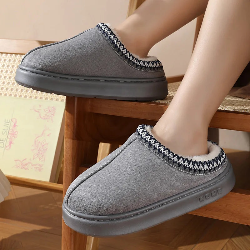 Comfort Thick Bottom Cotton Slippers Women 2025 Winter Warm Thick Plush Non Slip Furry Clogs Shoes Embroidery Suede Snow Boots