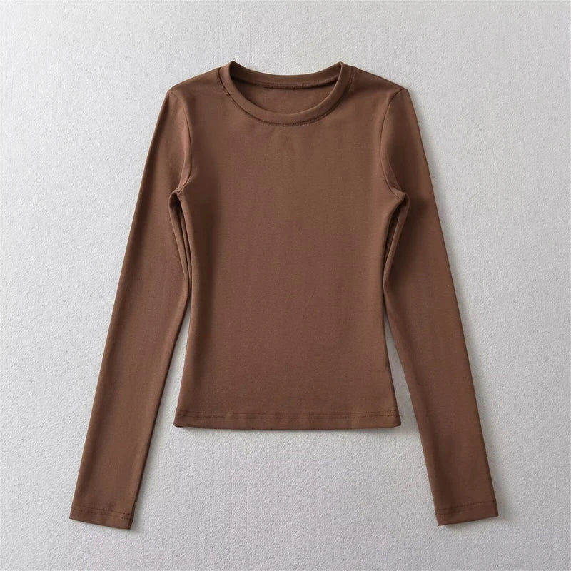 LUNDUNSHIJIA O-neck Long Sleeve T-shirts For Women 2025 New Spring Ladies Solid Cotton Slim Tee Shirts 10 Colors