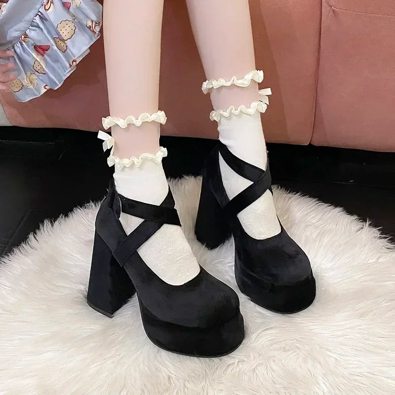 Platform Mary Janes Shoes Women Suede Luxury High Heel Lace Up Trend Lolita Shoes Elegant Chunky Party Pumps Sandalias Muje