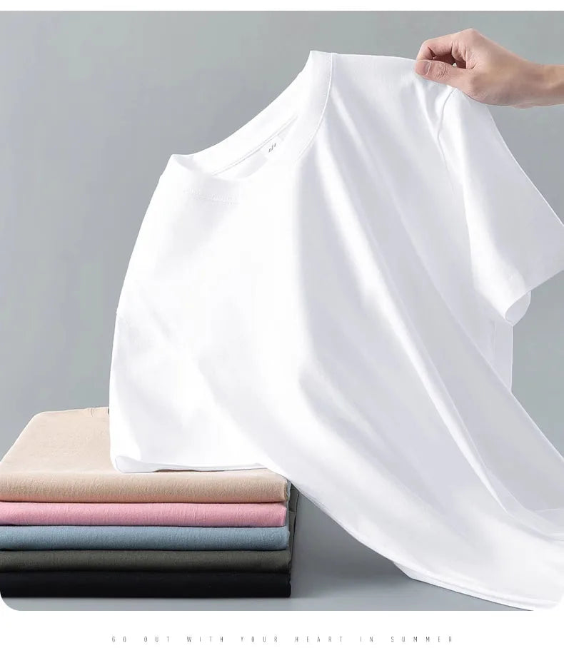 100% cotton heavy t-shirt summer solid color 230 g men's white casual all-match round neck fall shoulder short sleeve