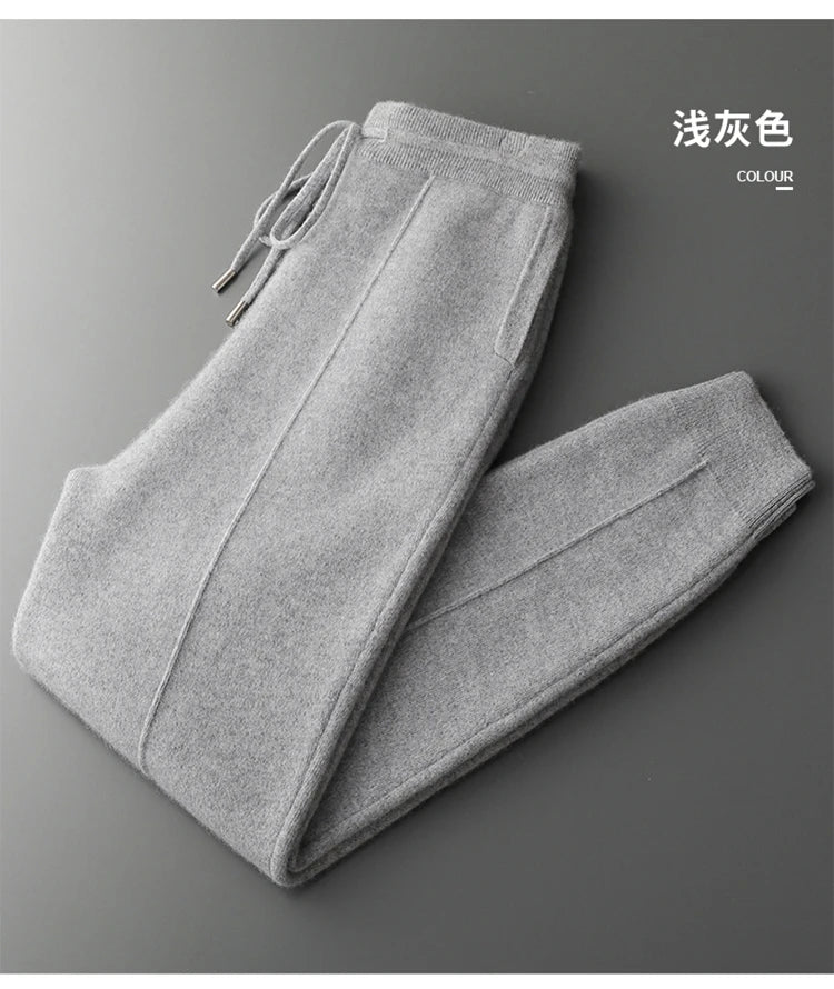 Autumn and Winter Thickened High Waisted 100% Merino Wool Men's Pants Small Leg Pants Casual Business Knitted Sweatpants Warm