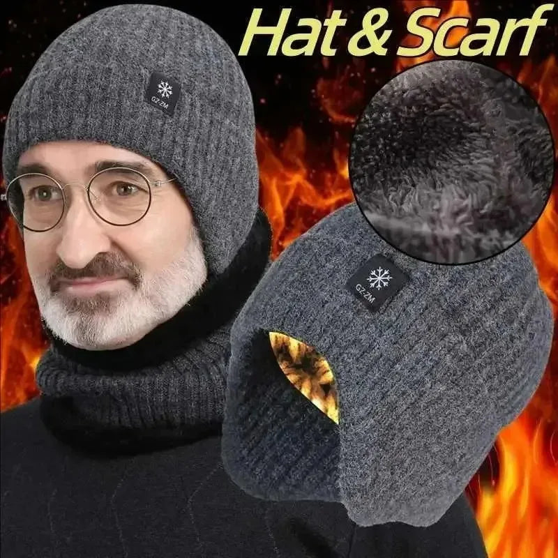 2pcs Winter Cycling Fleece Hats Knitted Plush Warm Outdoor Sports Cap Scarf for Women Men Hat Windproof Ski Ear Protection Gift