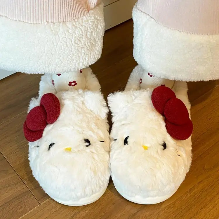 New Cartoon Hello Kitty Plush Slippers Sanrio Cute Female Anime Autumn Winter Home Plus Velvet Warm Thick Sole Baotou Slippers