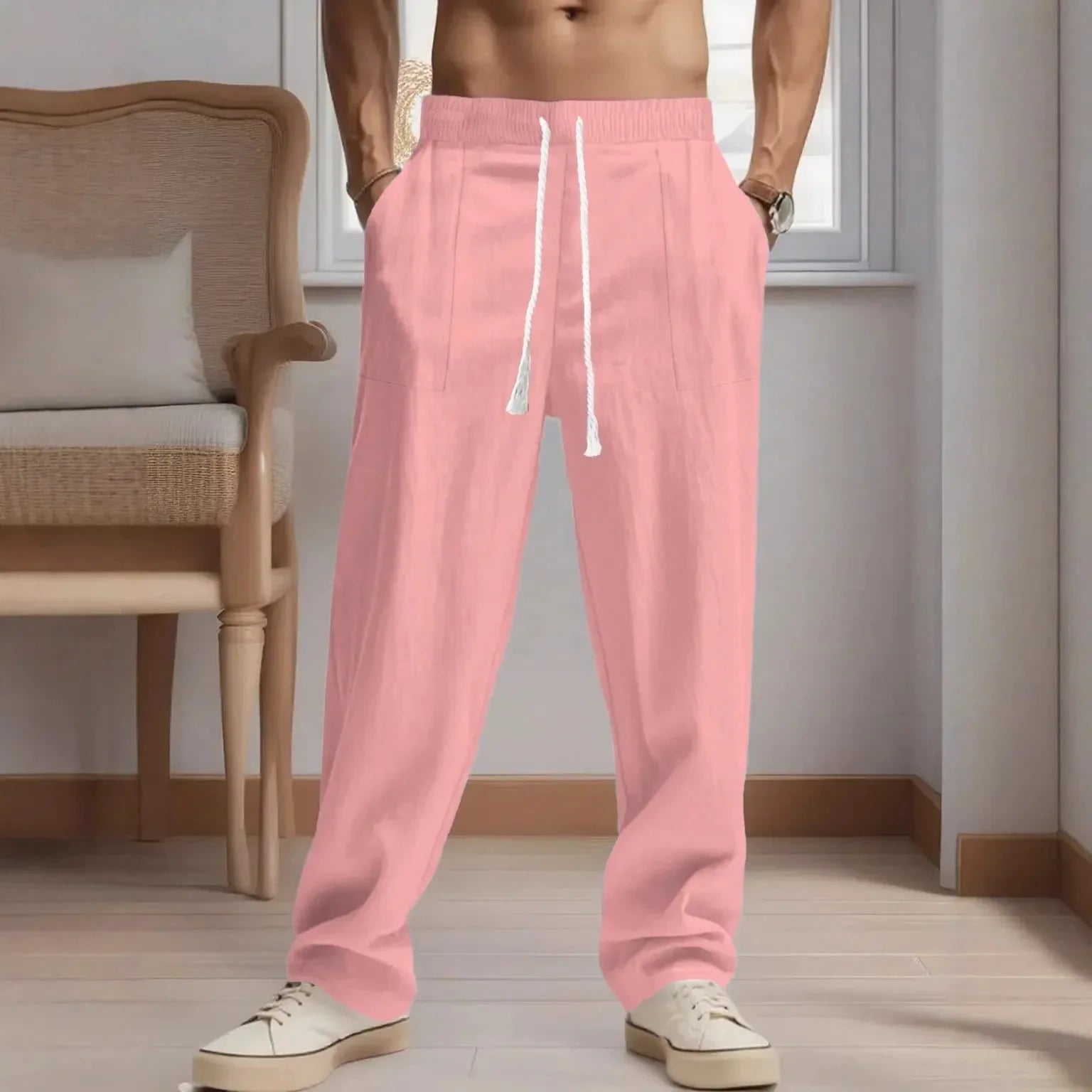 Men's Cotton-Linen Casual Breathable Pants Loose Straight Cut Streetwear Sporty Long Trousers Comfortable Fashion