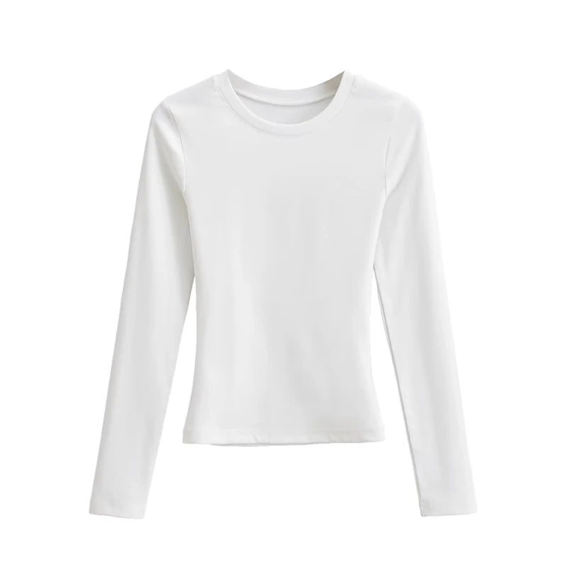LUNDUNSHIJIA O-neck Long Sleeve T-shirts For Women 2025 New Spring Ladies Solid Cotton Slim Tee Shirts 10 Colors