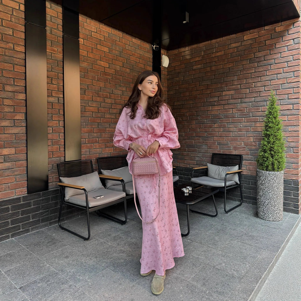 Women Two Piece Sets Skirt Set Floral Print Lantern Sleeve Turn Down Collar Shirt Long Skirts A Line Lace Up Y2k Elegant Work