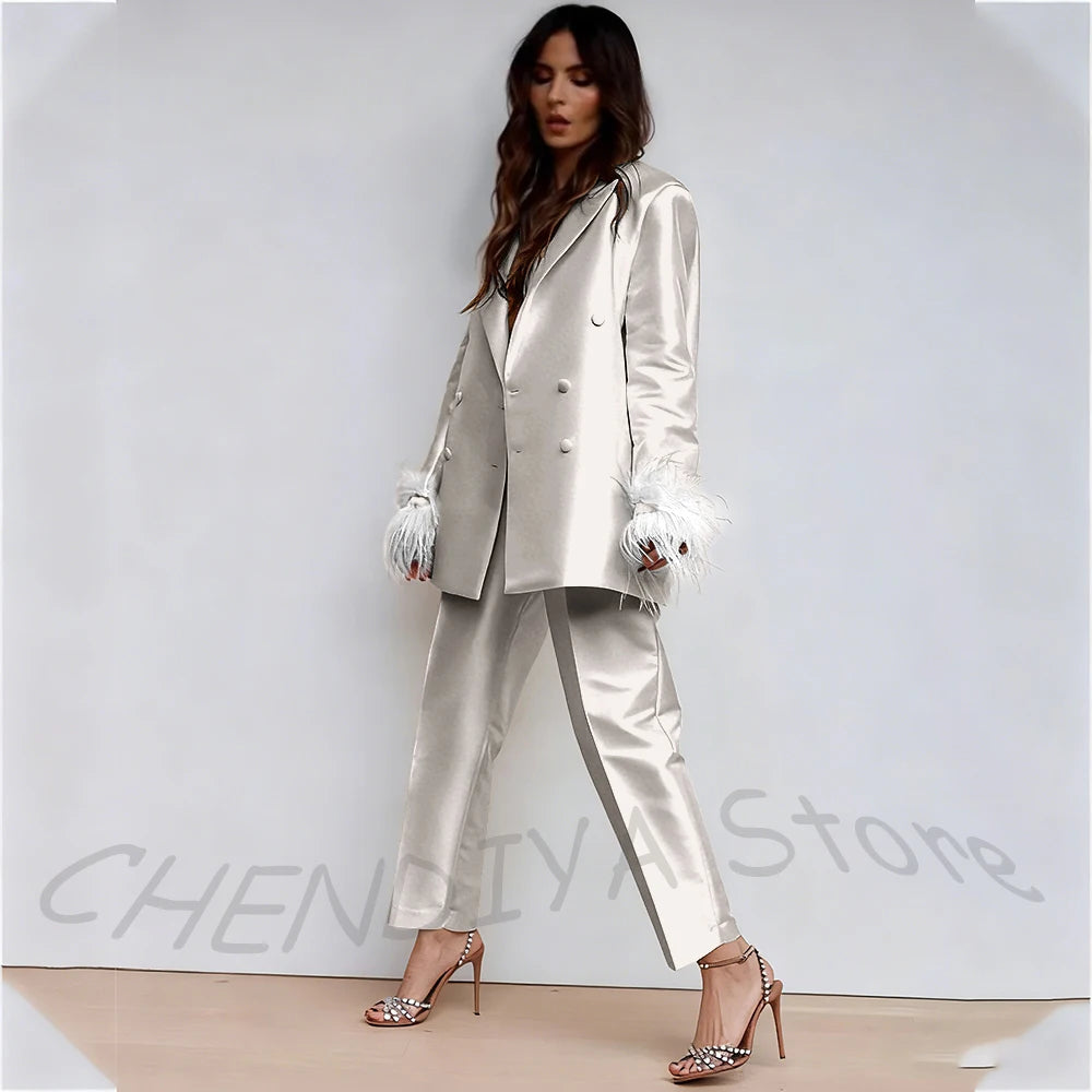 Luxury Feather Women's Suit Classic Design Double Breasted Ankle Length Elegant Outfit Two Pieces Formal Party Female Set
