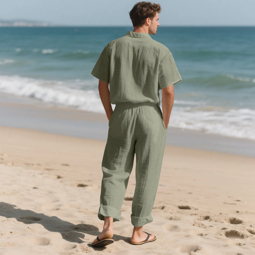 The 2025 Summer Beach Men's linen short-sleeved shirt set is a two-piece long pants set suitable fordaily casual beach vacations
