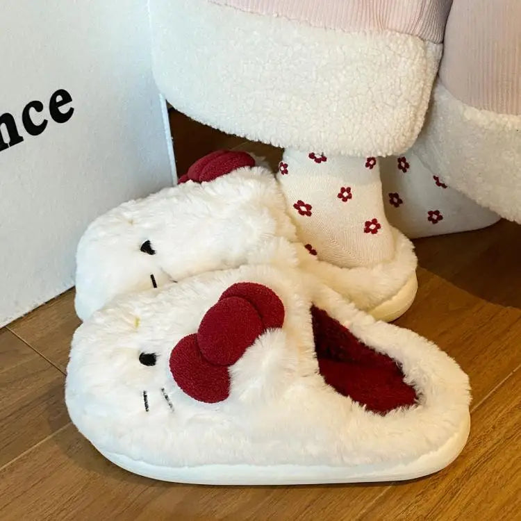 New Cartoon Hello Kitty Plush Slippers Sanrio Cute Female Anime Autumn Winter Home Plus Velvet Warm Thick Sole Baotou Slippers