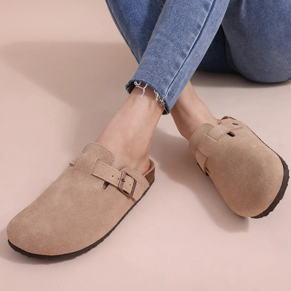 Crestar Women's Suede Clogs Leather Mules Cork Footbed Sandals Potato Shoes with Arch Support Fashion Leather Mules Shoes
