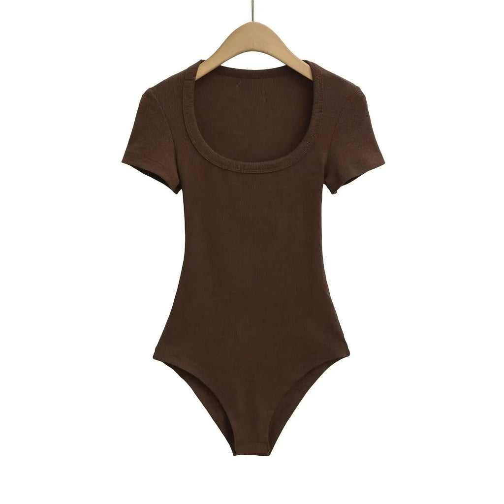 Women Short Sleeve Square Collar Bodysuits Summer Rib Knitted Elastic Slim Top Jumpsuits Solid Color