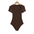 Women Short Sleeve Square Collar Bodysuits Summer Rib Knitted Elastic Slim Top Jumpsuits Solid Color