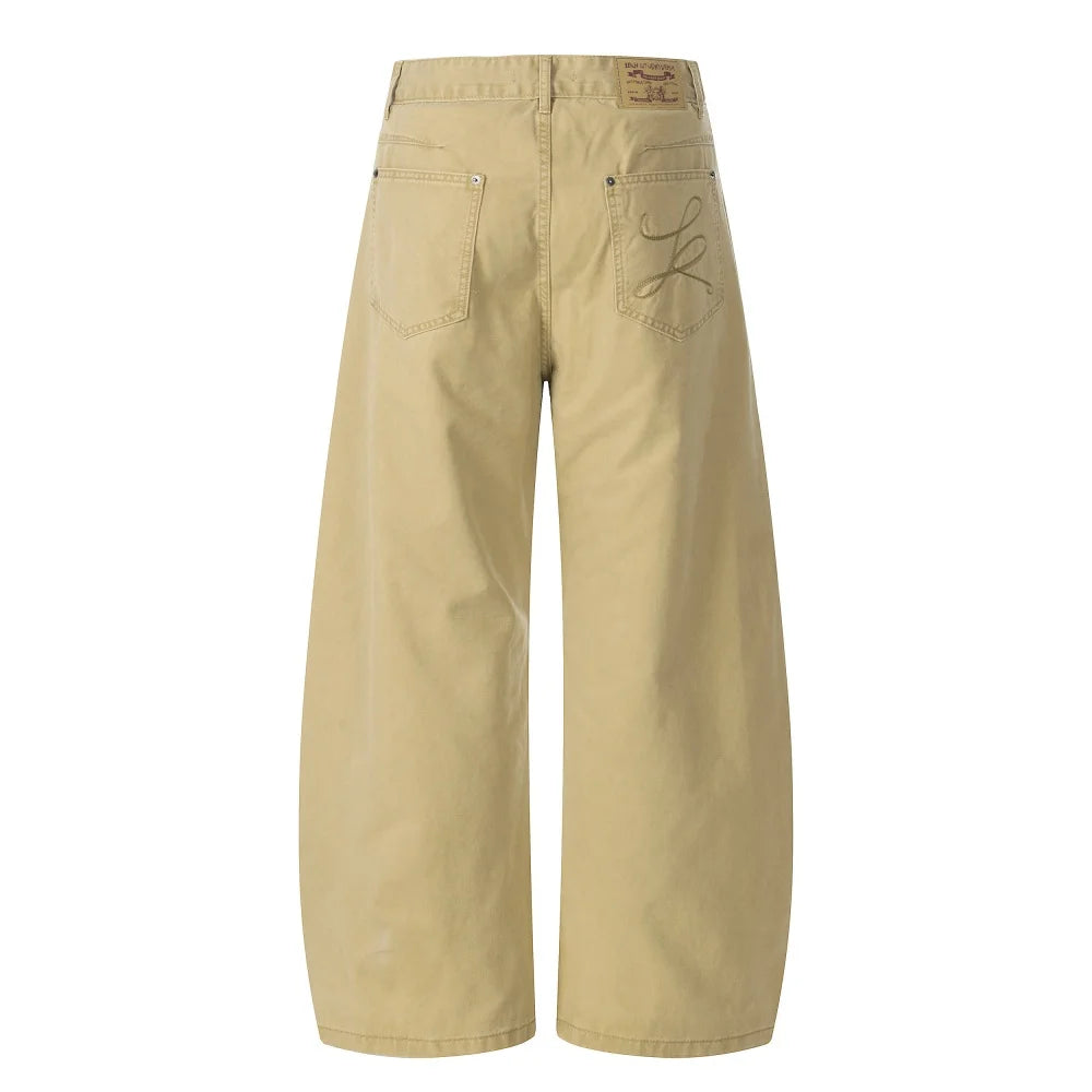 Pocket Embroidery Banana Jeans Mens Solid Color Washed Distressed Retro Casual Baggy Wide Leg Denim Trousers Man