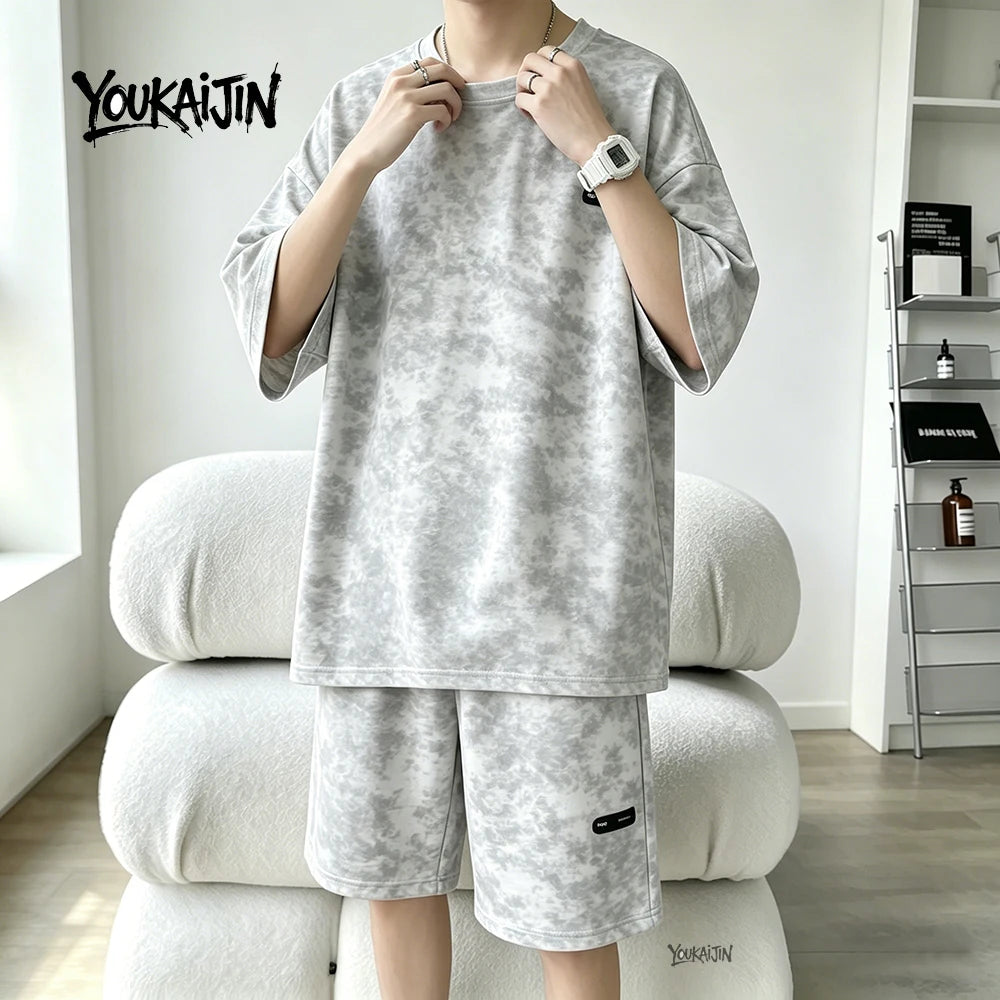 7XL 8XL Tie Dye T Shirt and Shorts Set Men White Casual Streetwear Co Ord Set Men Summer Loose Sportswear 2 Piece Outfit Men