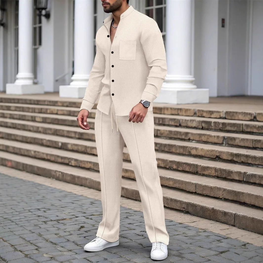 New autumn men's suit, waffle plain-colored long-sleevedshirt with pocket cardigan, stylish men's casual clothing long pants set