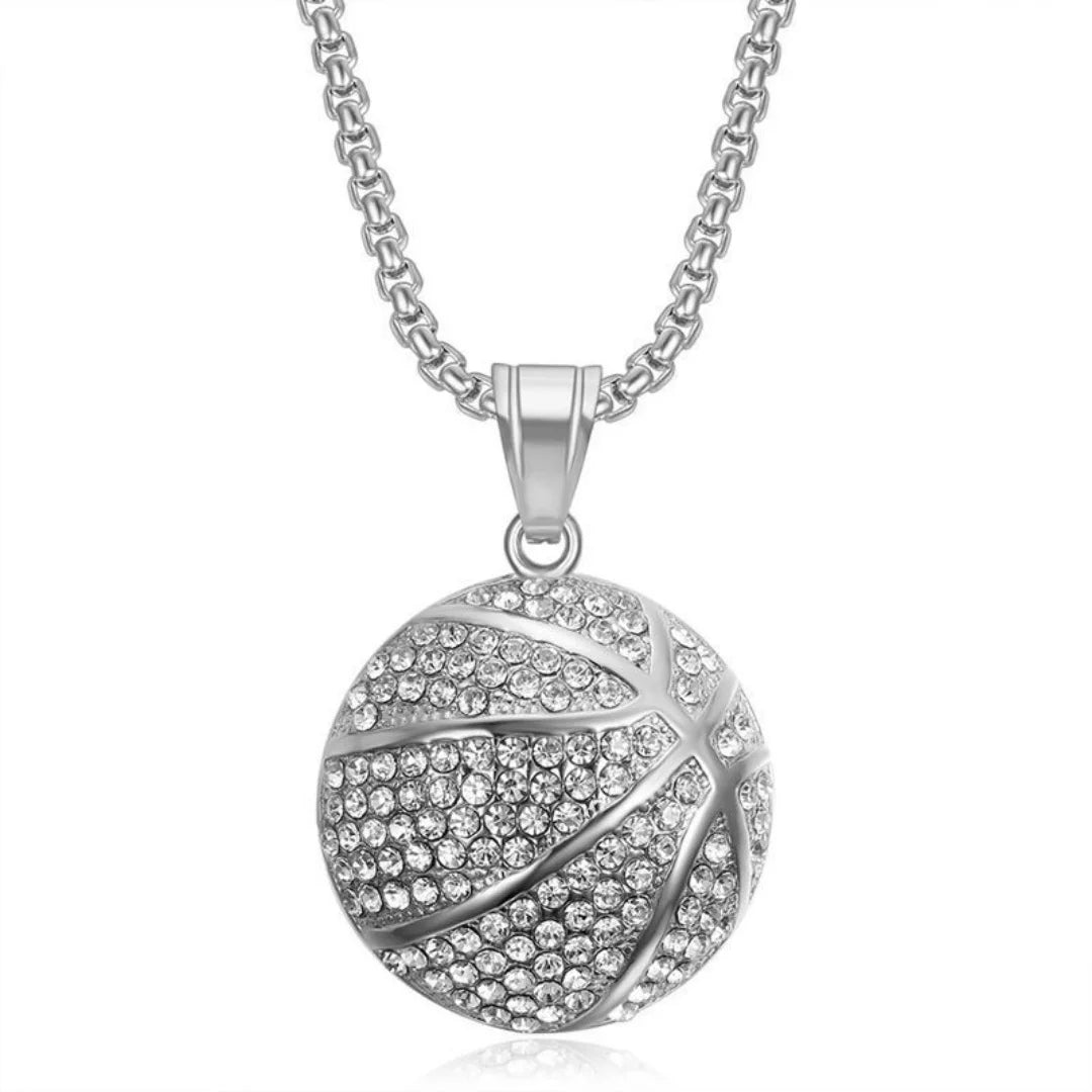 Hip Hop Iced Out Bling Basketball Basket Pendant Stainless Steel Cubic Zirconia Fans Sports Necklace for Women Men Jewelry Gift