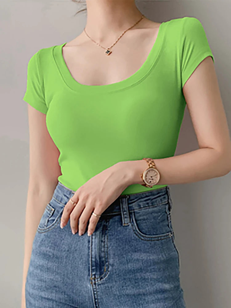 AOSSVIAO 100% Cotton T Shirt Women Summer New Slim Solid Basic Tees 16 Color Casual Tshirt Korean O Neck Khaki Tops