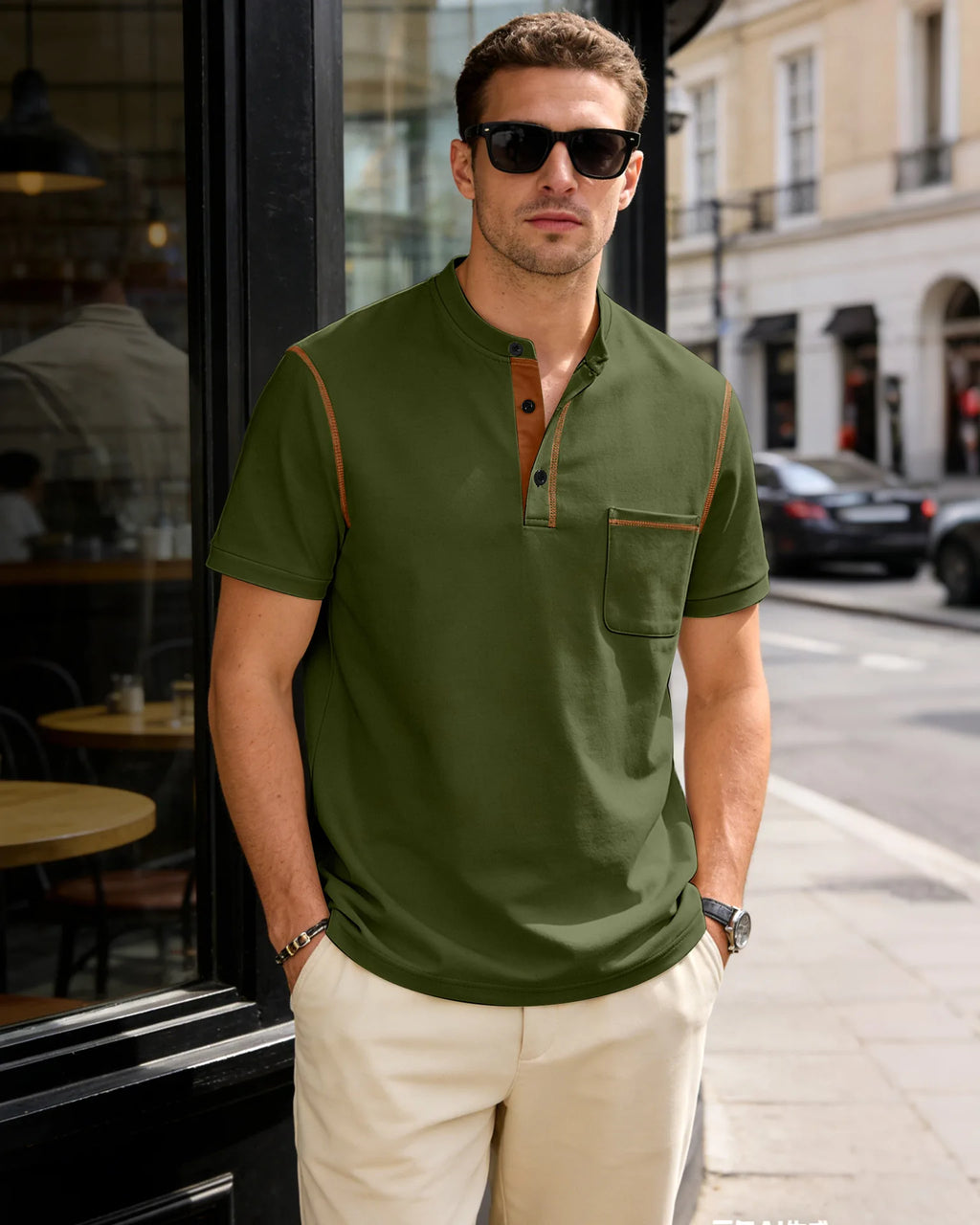 Summer men's fashionable Henry collar half-button short-sleeved moisture-wicking breathable casual American stretch T-shirt top