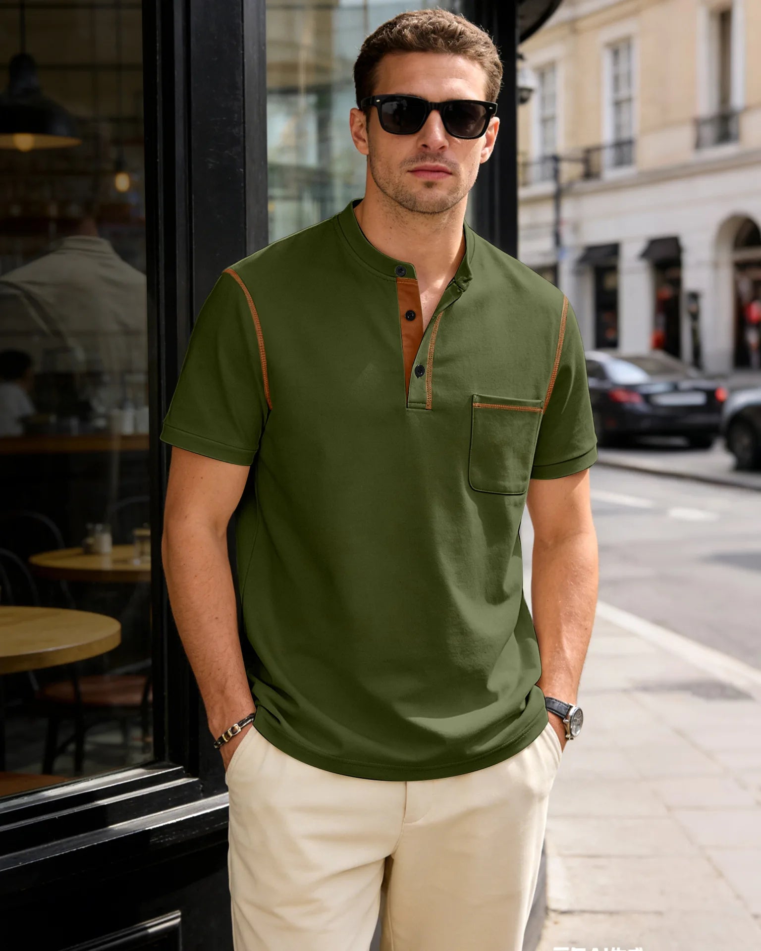 Summer men's fashionable Henry collar half-button short-sleeved moisture-wicking breathable casual American stretch T-shirt top
