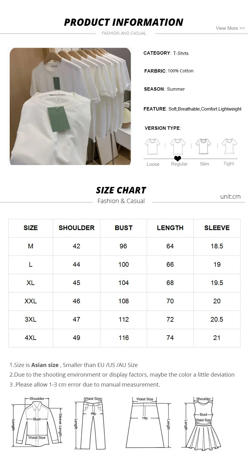 Summer Casual 100% Cotton Regular-Fit Women Crew Neck Basic White T-Shirts