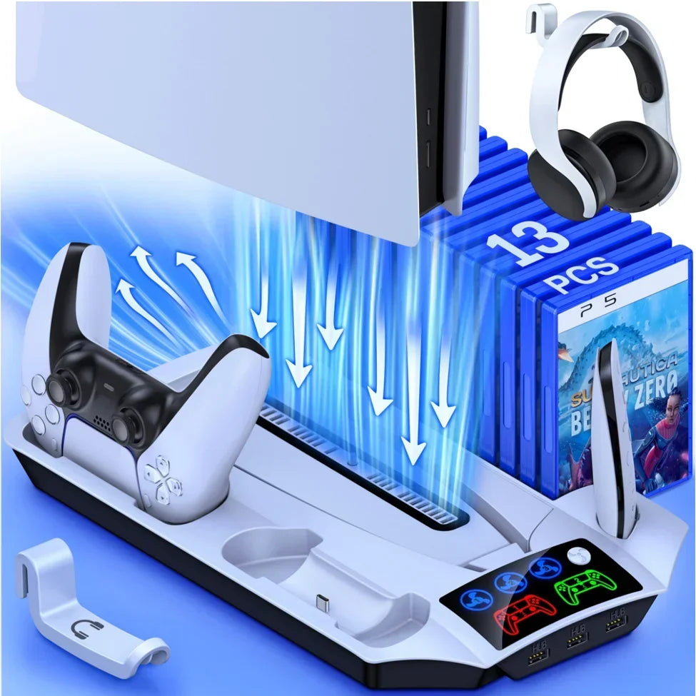 3 Mode Led Cooling Fan for PS5 Vertical Stand 2 Controller Charging Dock for Sony Playstation 5 Disc/Digital with 13 Game Slot