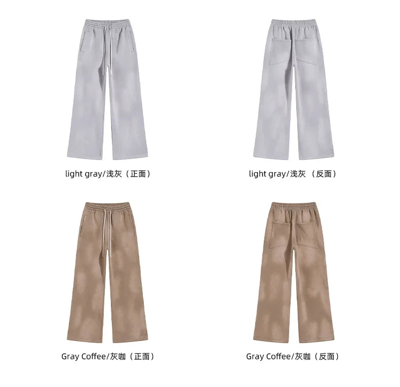 2025 Winter New Fleece Sweatpants Men Splashing Ink Spray Dyeing Wash Distressed Wide Joggers Grinding Edges Baggy Plush Pants