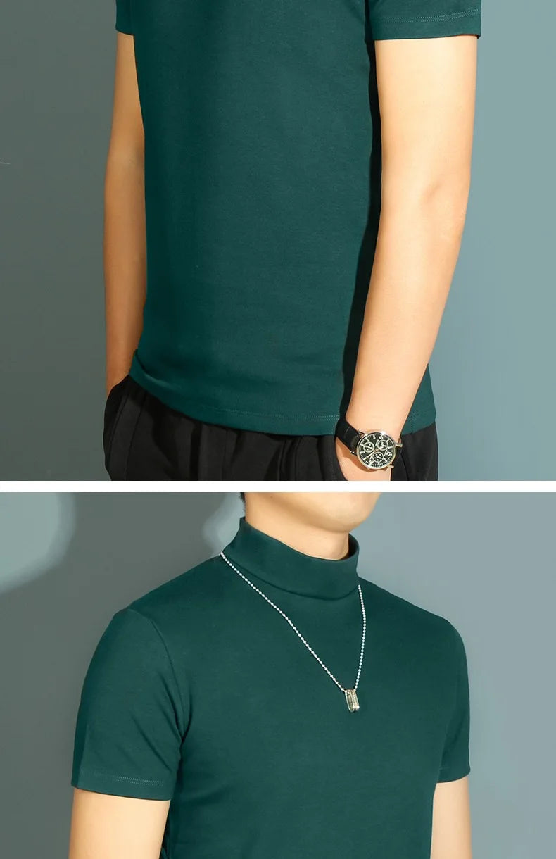 1pcs Thin New Men Half High Collar T shirts Short-sleeve Tee Fitness Joggers Bodybuilding Quick Dry tshirt Male Gym Clothes Tops