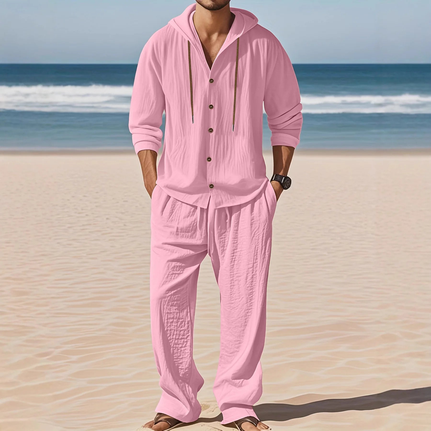Men's Linen Long-Sleeved Shirt And Pants Set Breathable Outdoor Leisure Hiking Beach Sports Clothing for Spring Summer Autumn