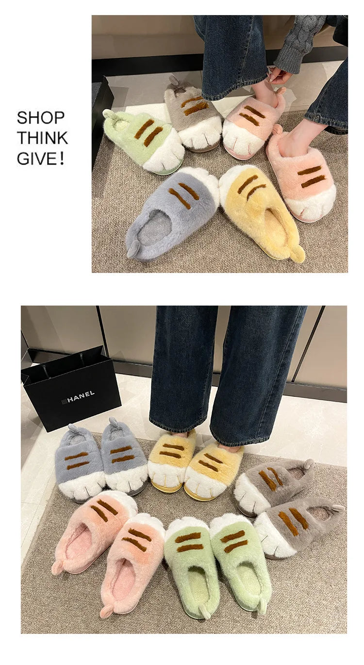 Newest cat paw feet slippers woman fluffy closed heel home shoes for women winter warm slip on animal claw slipper furry loafer