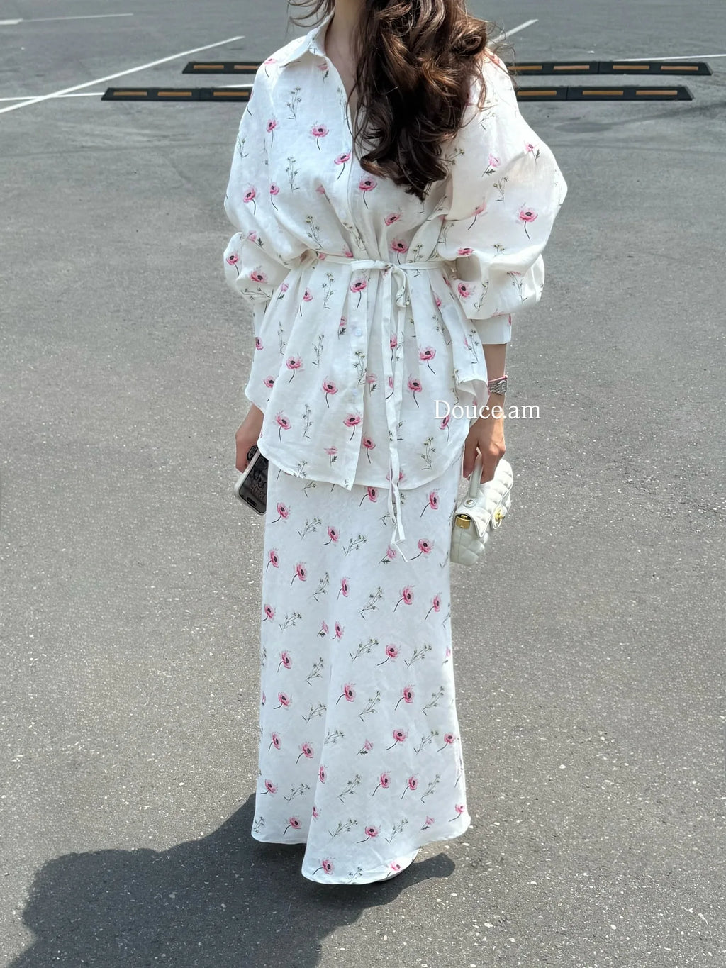 Women Two Piece Sets Skirt Set Floral Print Lantern Sleeve Turn Down Collar Shirt Long Skirts A Line Lace Up Y2k Elegant Work