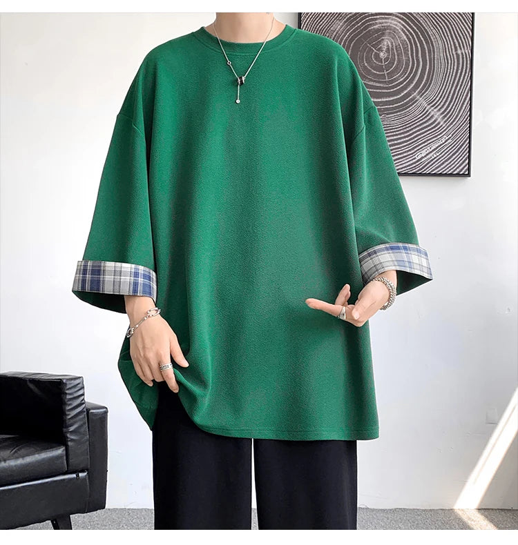 men t shirts Summer Men's T-shirts Women Oversized 2XL Korean Style Loose Plaid T-shirt Casual Seven sleeves T-Shirt Male White