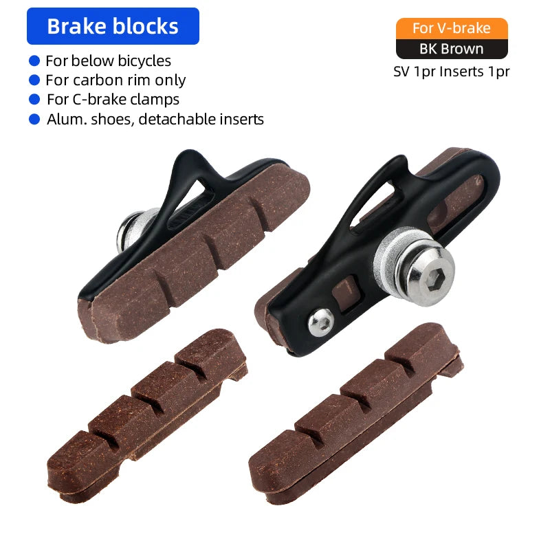 Road Bike Carbon Wheel Rim C/V-Brake Pads W/ 55mm Detachable Rubber Composite Inserts Low Noise All Weather Use Braking Blocks