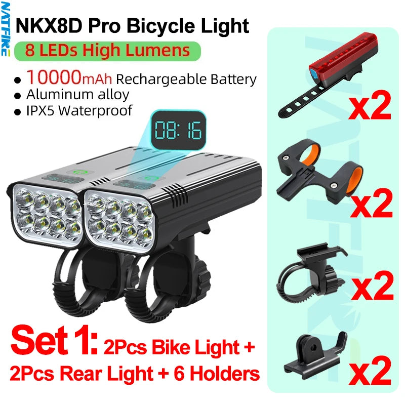 Upgrade 8-6 LED Bicycle Light Powerful Bike Headlight 10000mAh USB Rechargeable as Power Bank Front and Rear Lights Set Optional
