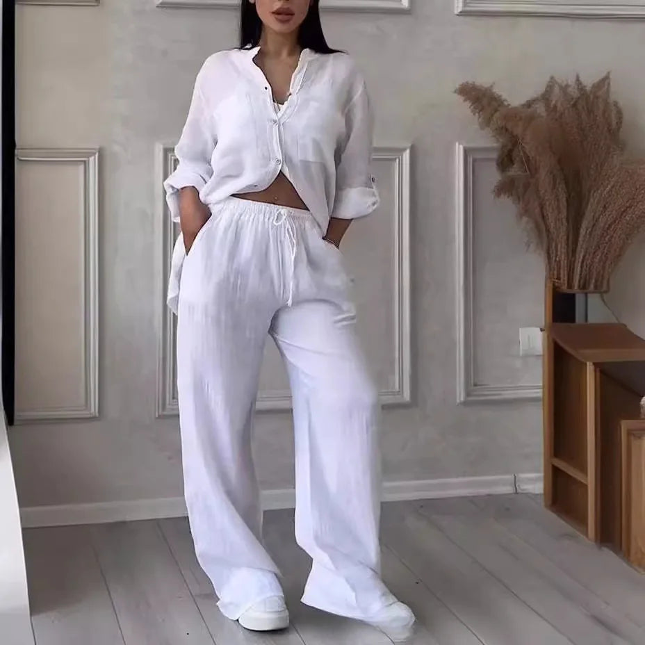 Spring Autumn Cotton Linen Long Sleeved shirt + Long Pants Two-piece Set Women Casual V-neck Shirt Drawstring Wide leg Pant Suit