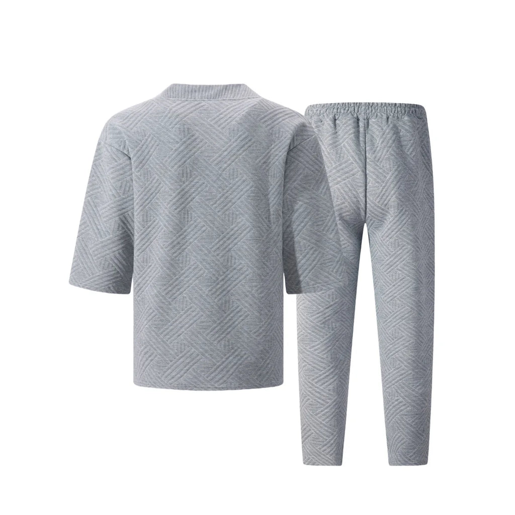 2026 Men's Spring Autumn Geometric Textured 2 Piece Set V-Neck Short Sleeve Top & Drawstring Pants Tracksuit