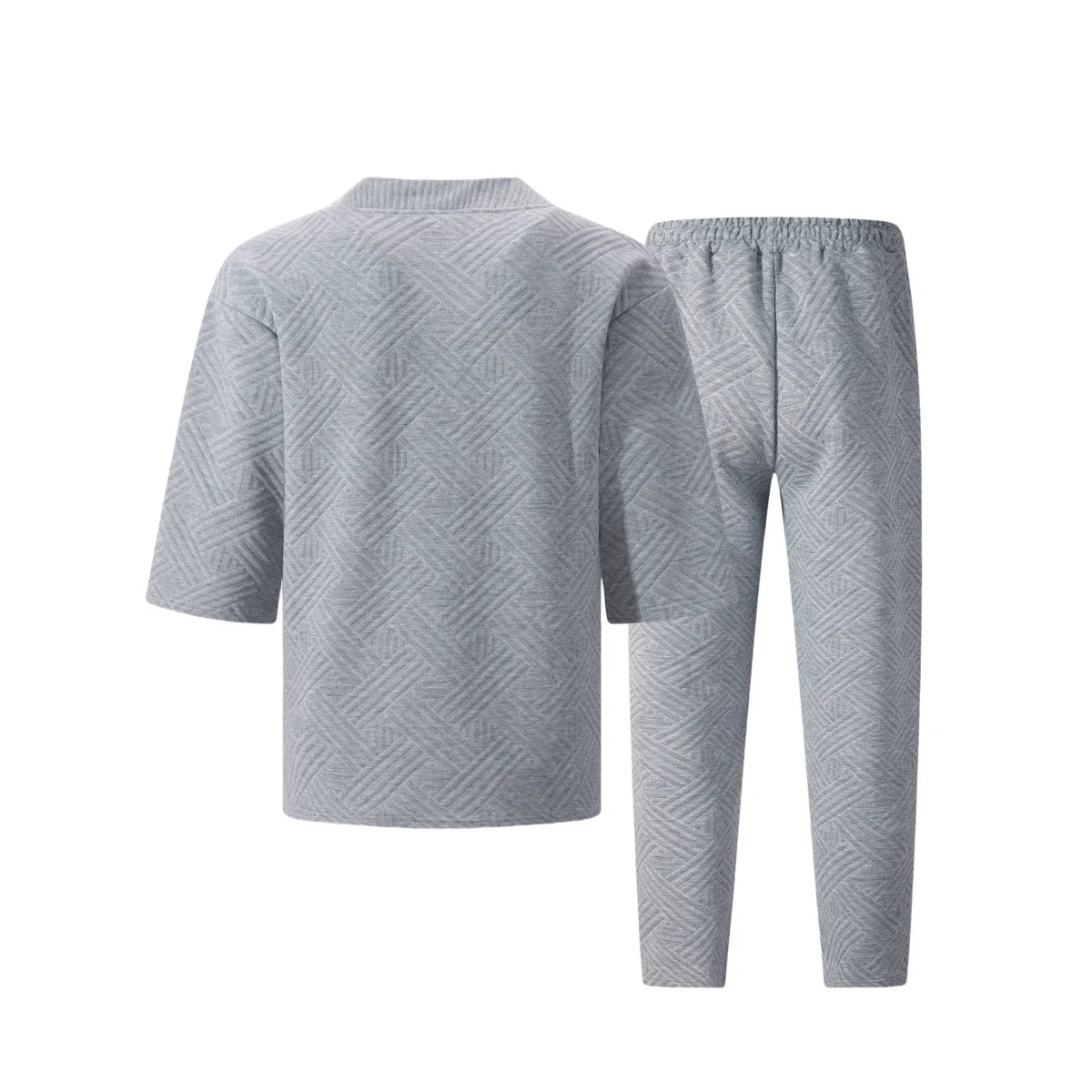 2026 Men's Spring Autumn Geometric Textured 2 Piece Set V-Neck Short Sleeve Top & Drawstring Pants Tracksuit
