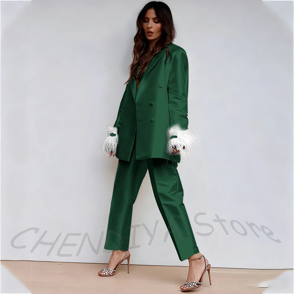 Luxury Feather Women's Suit Classic Design Double Breasted Ankle Length Elegant Outfit Two Pieces Formal Party Female Set