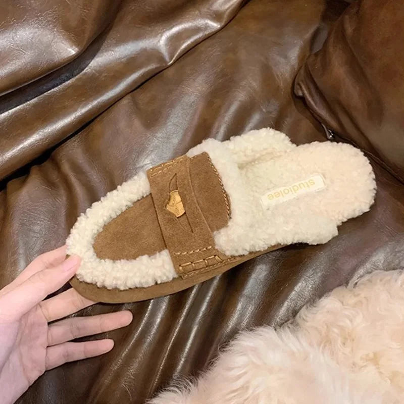 Women's slippers 2025 autumn and winter warm fur half slippers for wearing outside slippers