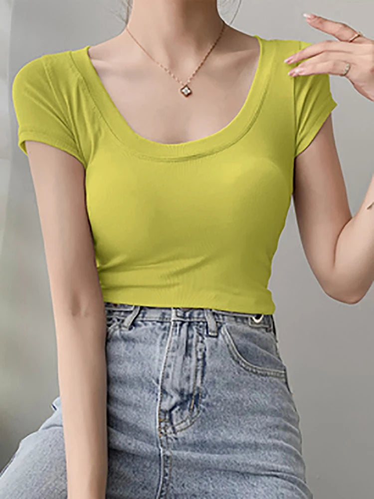 AOSSVIAO 100% Cotton T Shirt Women Summer New Slim Solid Basic Tees 16 Color Casual Tshirt Korean O Neck Khaki Tops
