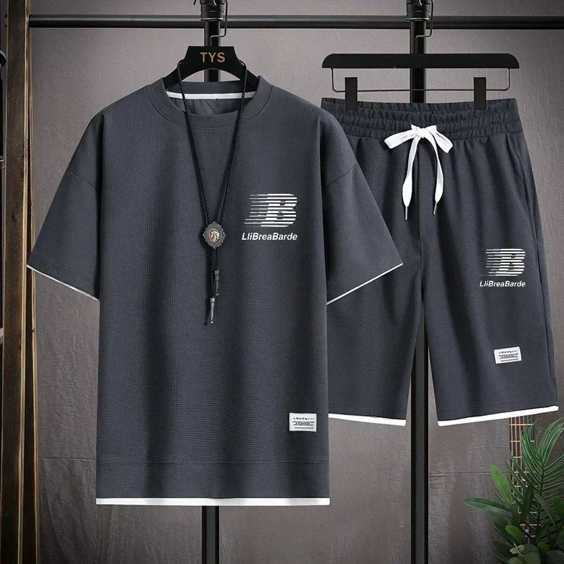 2026 Men's Sports Fashion Casual T-shirt and Shorts Set, the Latest Summer Waffle Set Featuring Simplicity and Comfort