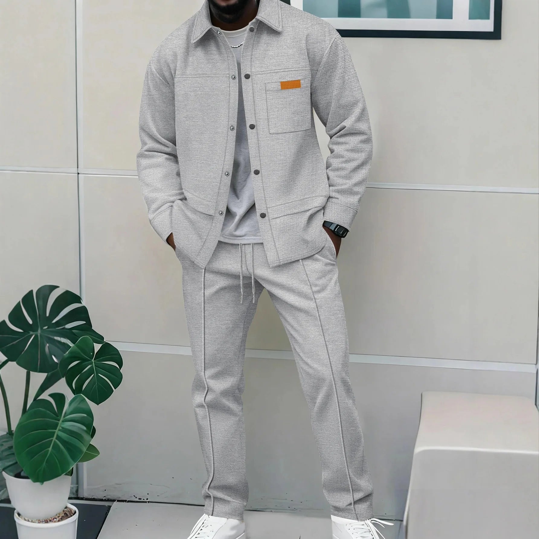Spring and autumn men's high-quality waffle pure color placket pocket jacket set - a stylish and casual two-piece outfit