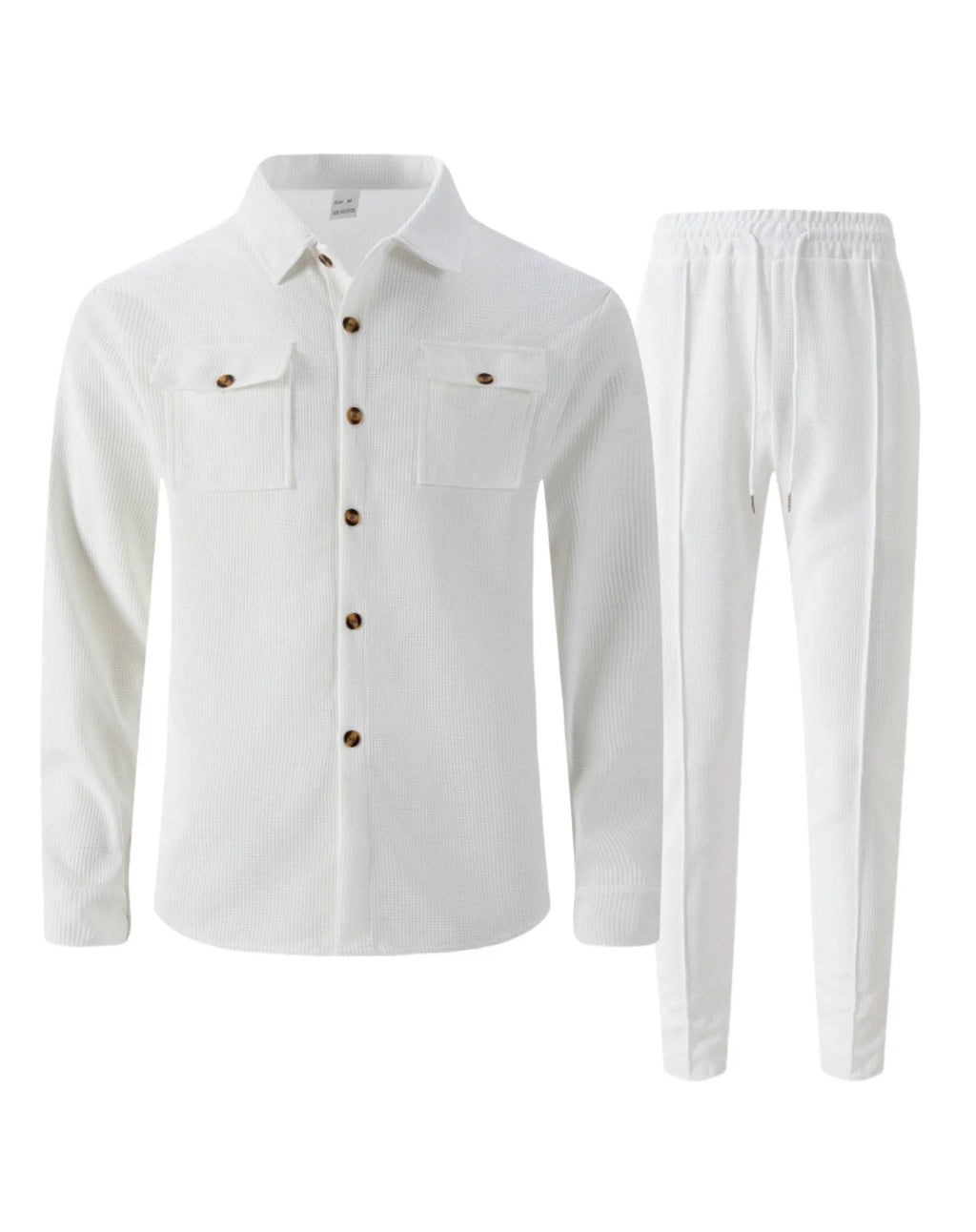 New autumn style waffle long-sleeved solid-color double-pocket buttoned cardigan shirt and pants set